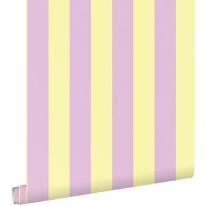 Kinderkamerbehang Strepen – Pastel Geel en Lila Paars
