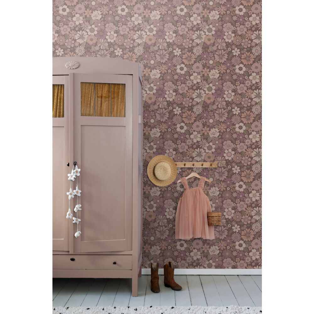 Kinderkamerbehang Retro Bloemen – Oudroze en Aubergine Paars - Afbeelding 4