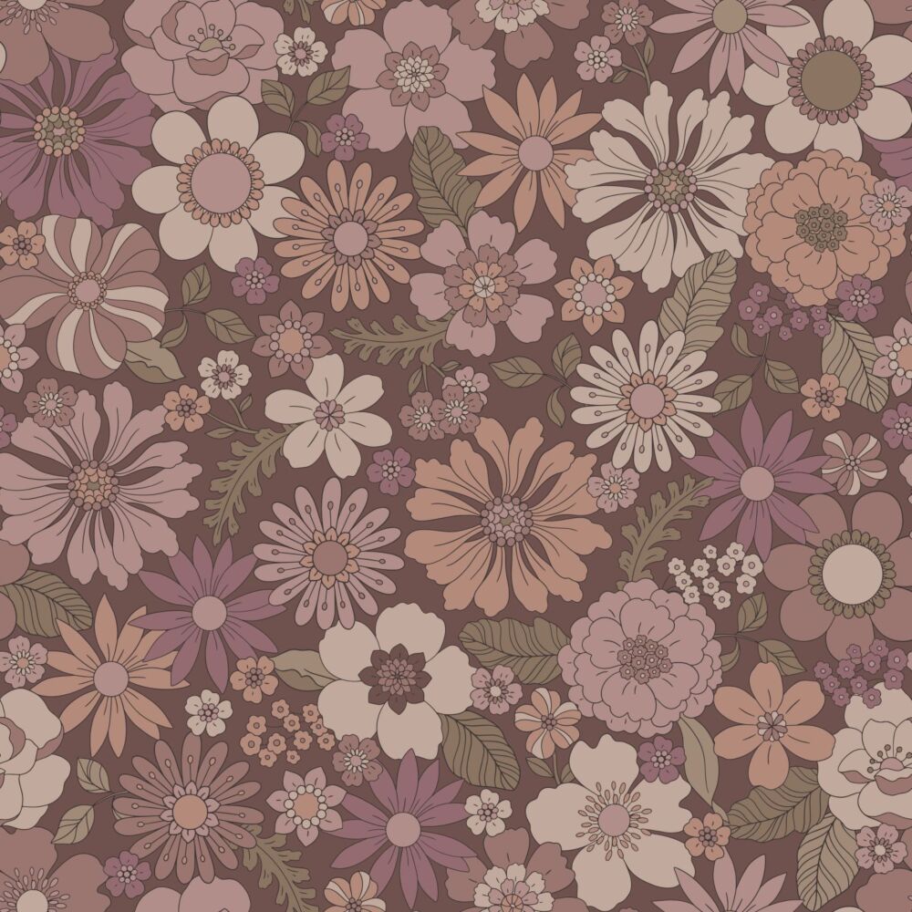 Kinderkamerbehang Retro Bloemen – Oudroze en Aubergine Paars - Afbeelding 3